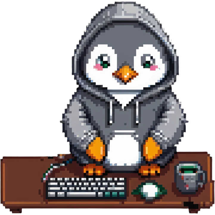 A cute penguin wearing a cozy hoodie typing on a computer keyboard emoji
