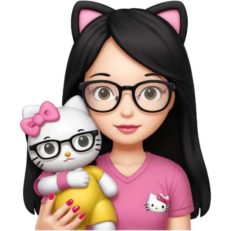 Nails cute with hello kitty wear glasses black long  hair, wear yellow shirt , red nails , big hello kitty doll emoji