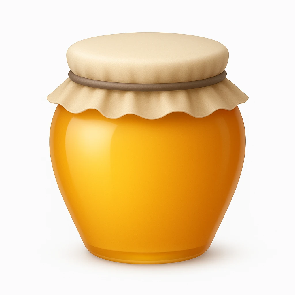 Create an emoji with no face that looks exactly like the reference image. The style should be iOS emoji style: 3D, shiny, smooth gradients, soft shadows, realistic honey jar shape with a cloth lid, no face. Add a soft shadow under the jar. emoji