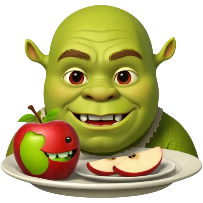 shrek on a plate with an apple in his mouth emoji
