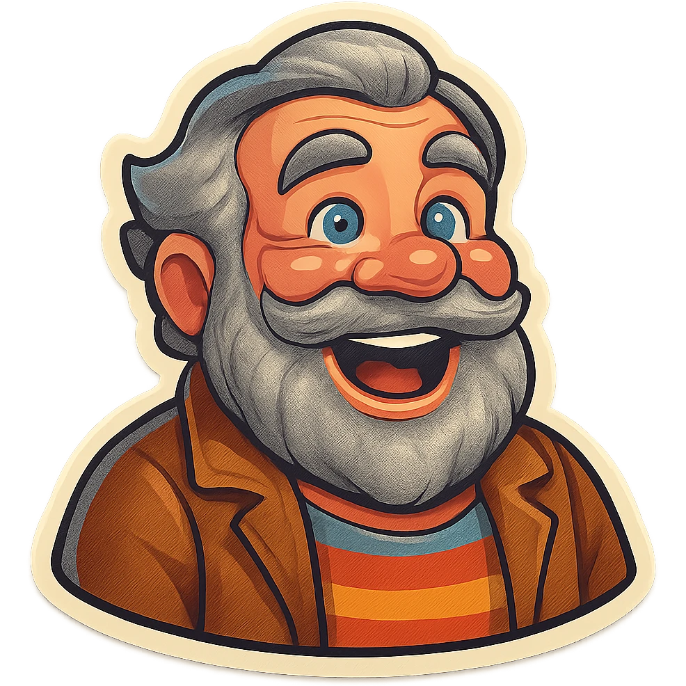 A dwarf with gray hair, a gray mustache, a gray beard, and gray eyebrows. He has blue eyes and wrinkles on his forehead. He is wearing a striped t-shirt and a brown jacket. The dwarf is displaying a joy emotion. emoji