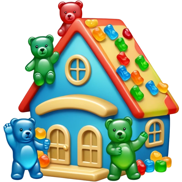 House of gummy with 3 gummy bears: blue gummy bear, green gummy bear and champagne gummy bear  emoji