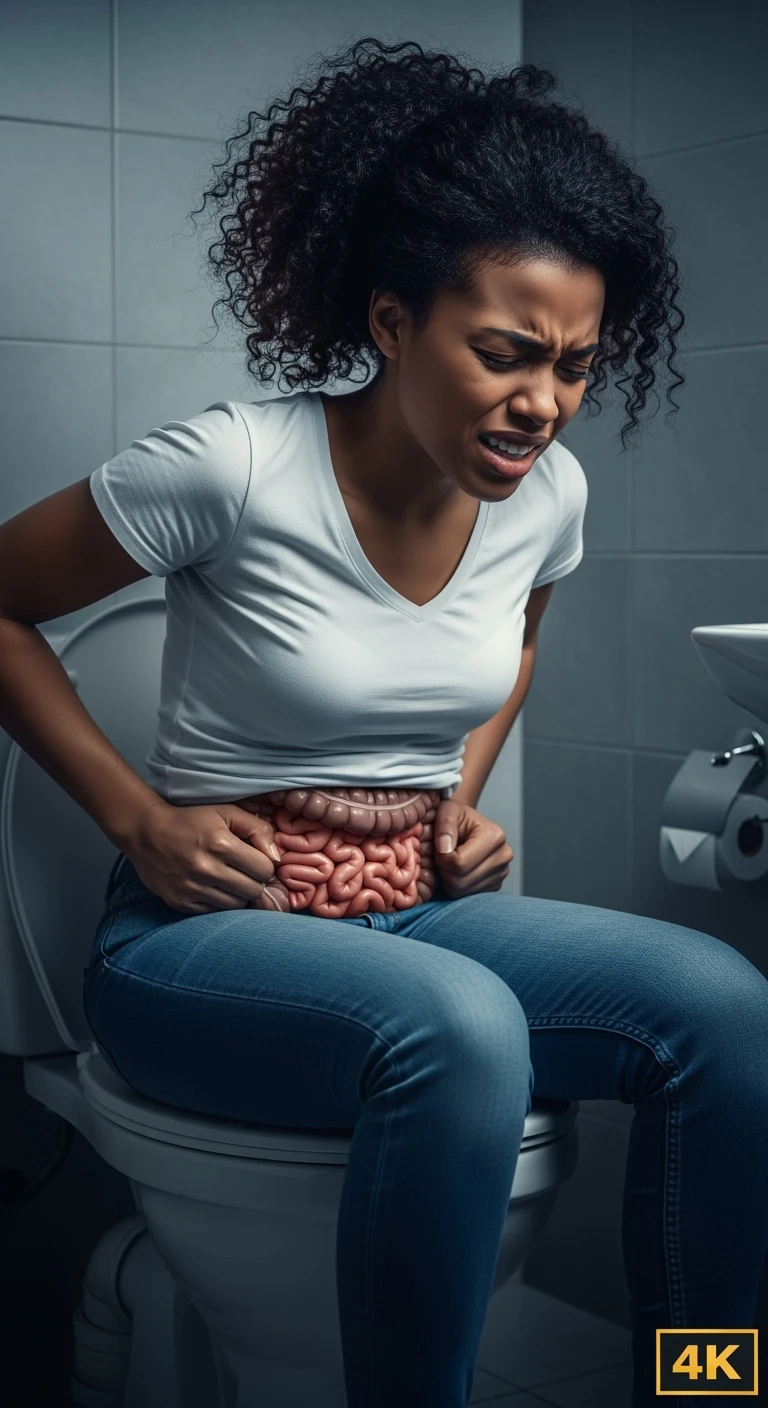 DONNA CON MAL DI PANCIA SEDUTA SUL WC MENTRE SI SFORZA, INTESTINO UMANO ANATOMICO IN EVIDENZA, IPERREALISTICA 4K emoji