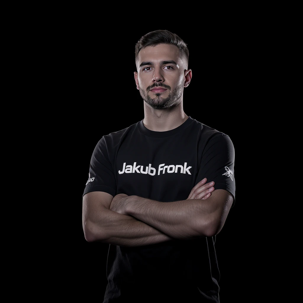 Csgo pro player profile proffesional photo, low key light back light, man standing crossed hands with tshirt with text "Jakub Fronk" black solid background emoji