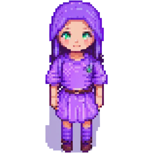 Change the girl's clothes to purple, keep the pixel art style, with no background. emoji