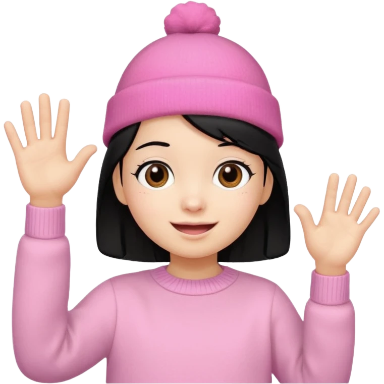 Kid in pink hat and jumper waving, blakc hair emoji