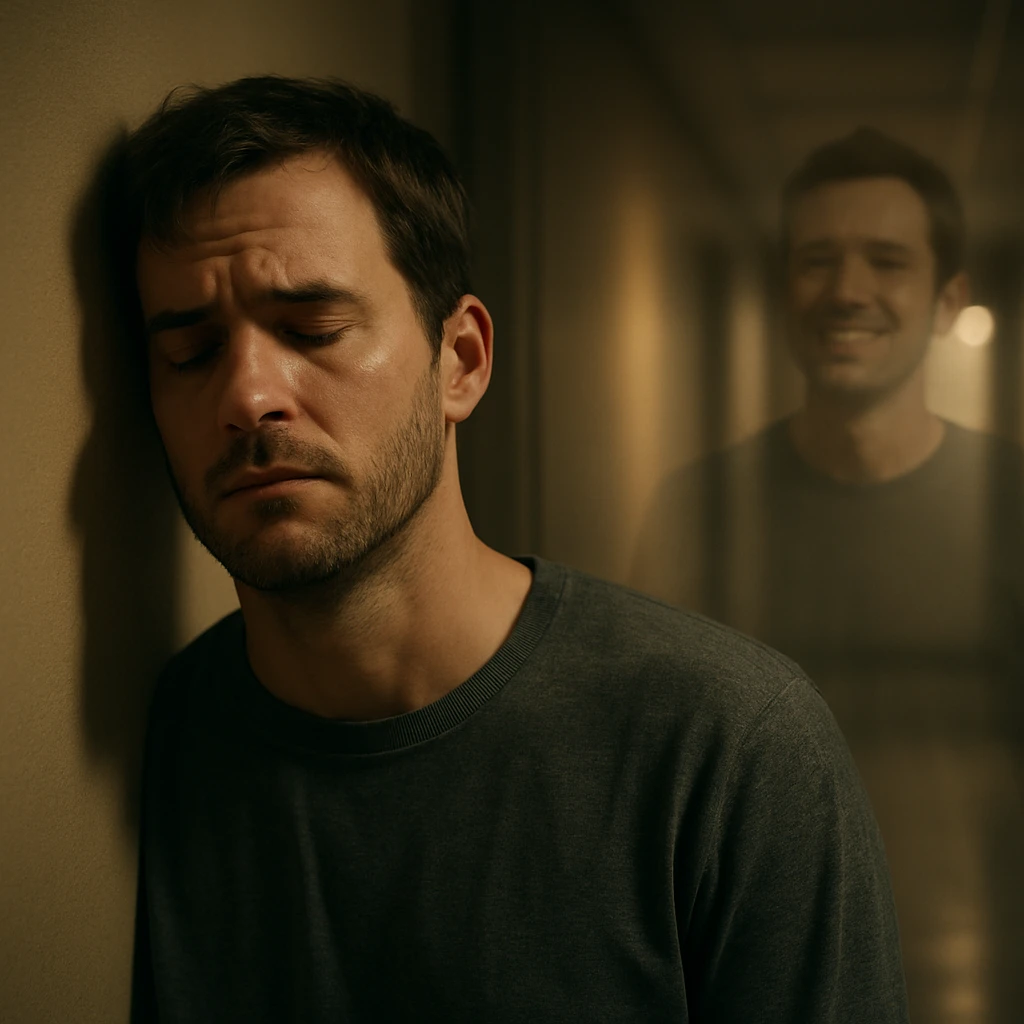 A man leaning against a wall in a softly lit hallway, eyes closed, with a faint double exposure of a more optimistic version of himself in the background, symbolizing a 'what if' after a diagnosis. Cinematic, emotional realism, symbolic duality, soft light, hyperrealistic 4K. emoji