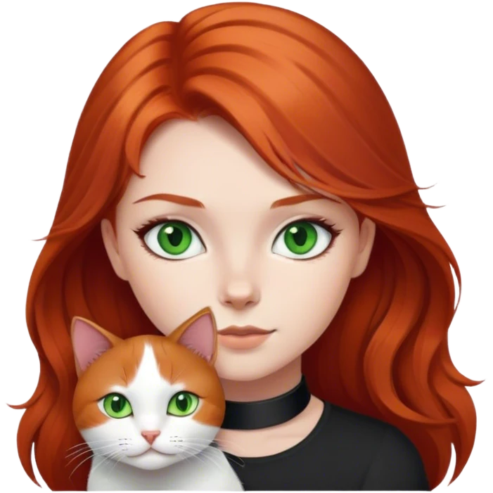 red haired girl green eyes  with black and white cat emoji