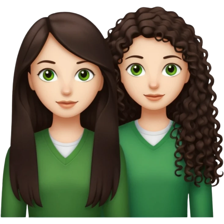 Two besties: 1: long ironed straight darkbrown hair, green eyes 2: long curly darkbrown hair, brown eyes emoji