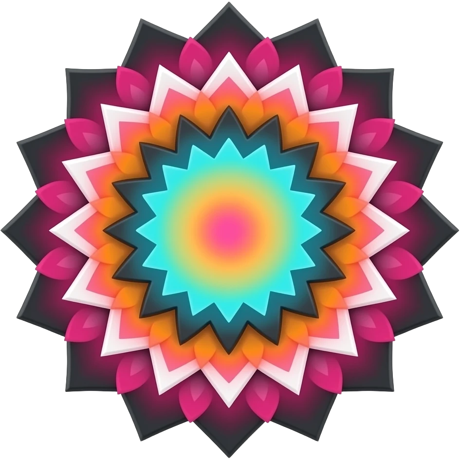 Hyper-realistic hot pink to crisp white to neon orange to neon turquoise to black colorshifting,  beautiful isolated 3d rendering mandala pattern, high definition, must have no emoji faces, no emoji icons, no human figures. emoji
