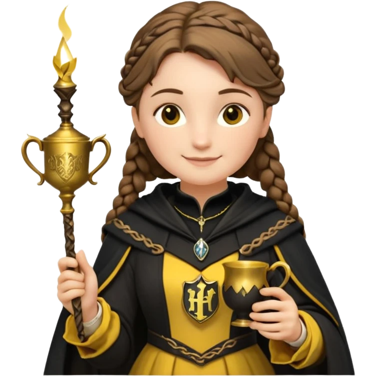 Helga Hufflepuff,the Hogwarts founder of Hufflepuff,brown-haired,2braids,yellow-black medieval dress with black cloak decorated with gold braiding,flickering magic wand and tiny two-handled shiny gold cup engraved with the badger silhouette,very kind smile,curvy busty sweet emoji