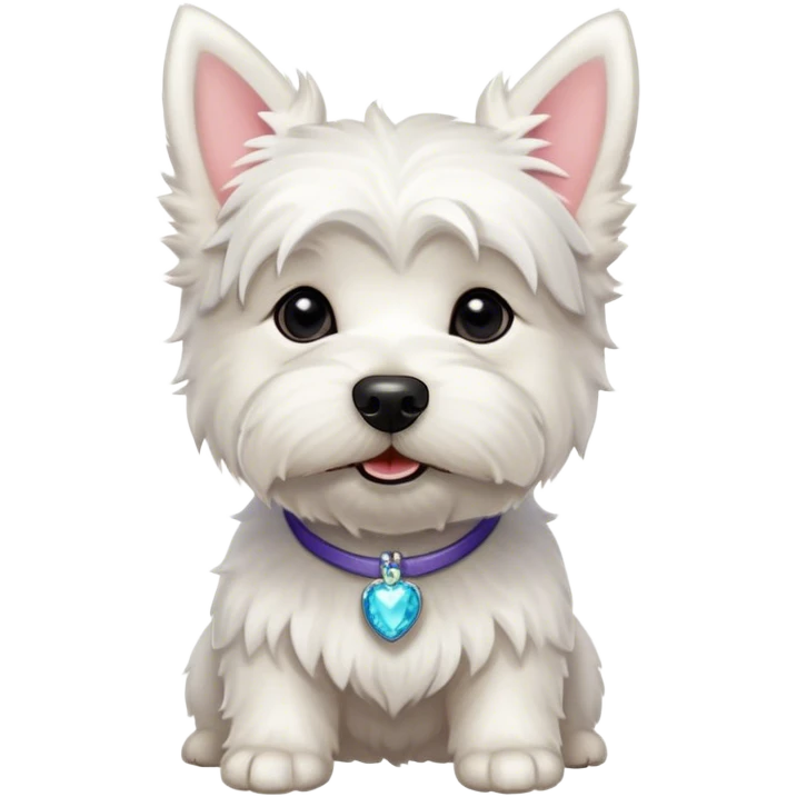 Cinematic Cute West Highland White Terrier Portrait Emoji, Head tilted playfully and inquisitively, featuring a fluffy, immaculate white coat with perky ears, round, sparkling dark eyes filled with curiosity, Simplified yet irresistibly adorable features, highly detailed, glowing with a warm, friendly glow, high shine, affectionate and lively, stylized with a touch of whimsy, bright and endearing, soft glowing outline, capturing the essence of a mischievous yet loving pup, so playful it feels like it could bound out of the screen and into your arms! emoji