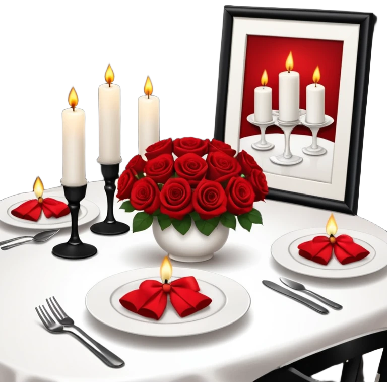 a chic restaurant, on the table there is a set of beautiful white dishes, candles are burning, next to it there is a bouquet of roses emoji