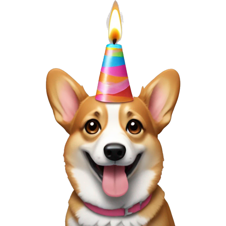 corgi with birthday cap and cake with candles emoji