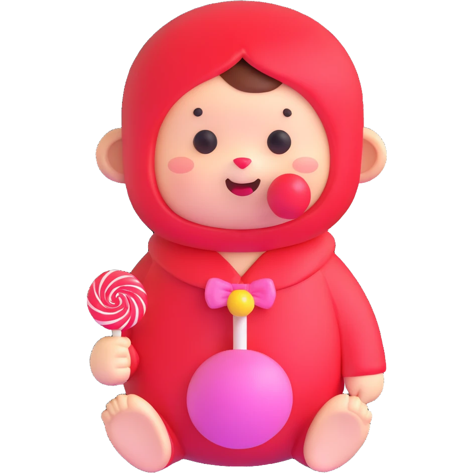 cute Monchichi plush toy with a lollipop emoji