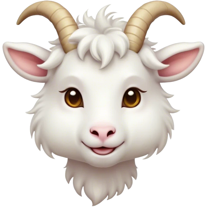 Cinematic Cute White Goat Portrait Emoji, Head tilted playfully and inquisitively, featuring a fluffy, immaculate white fur with charming curved horns, round, sparkling eyes filled with gentle curiosity, Simplified yet irresistibly adorable features, highly detailed, glowing with a warm, friendly glow, high shine, affectionate and lively, stylized with a touch of whimsical charm, bright and endearing, soft glowing outline, capturing the essence of a mischievous yet loving goat, so playful it feels like it could trot out of the screen and into your arms! emoji