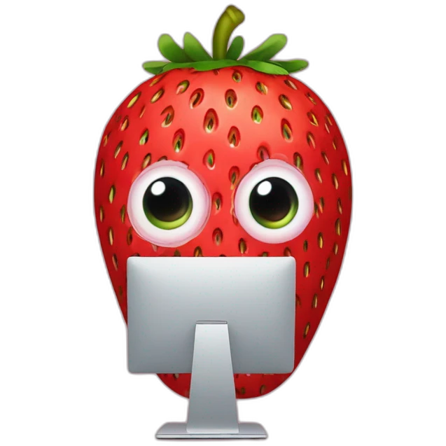 a strawberry with the body of a man with eyes a mouth a nose and everything else the strawberry is in front of a computer with a mask that hides his eyes so that we don't recognize his face emoji
