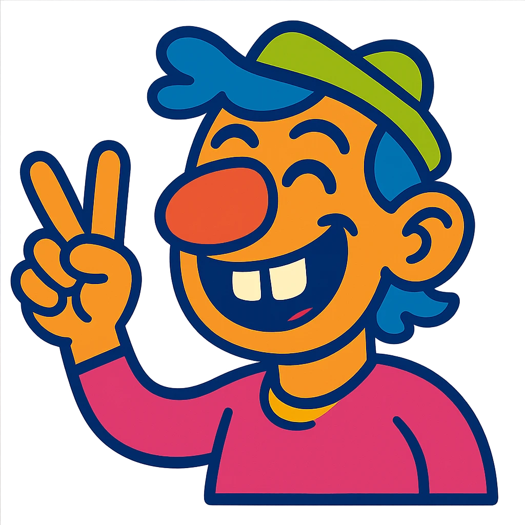 a joyful person with a large nose, buck teeth, and hand gesture, vibrant and whimsical, vibrant toon style, colorful and expressive cartoon emoji