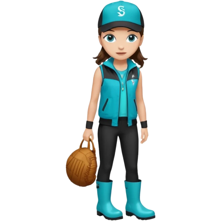 A landscaper in a beautiful turquoise jacket and turquoise rubber boots, black pants, and a black sleeveless shirt. On her head is a black color Swissotel baseball cap. The girl is a brunette with blue eyes. emoji