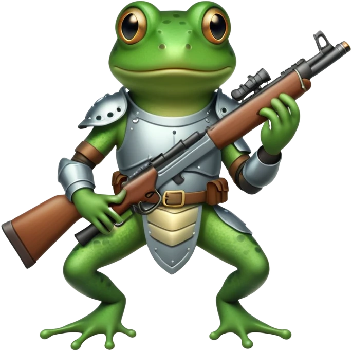 A frog getting ready for a war with a rifle and in armor emoji