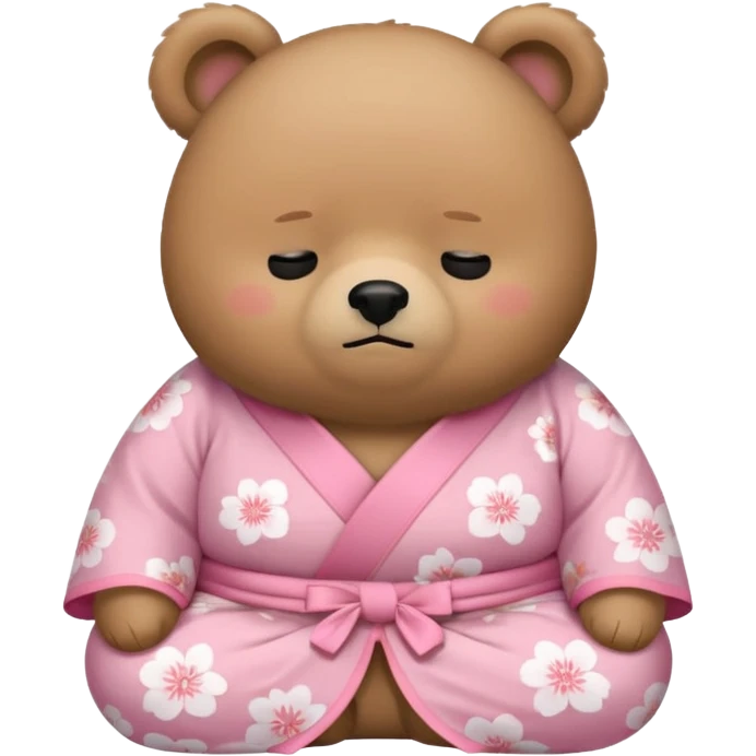 A cute chubby light-brown bear wearing a pastel pink sakura-patterned kimono, body and round head, adorable simple face, sleepy half-closed eyes, small blush on cheeks, sitting while dozing off, tiny “zzz” floating above the head emoji