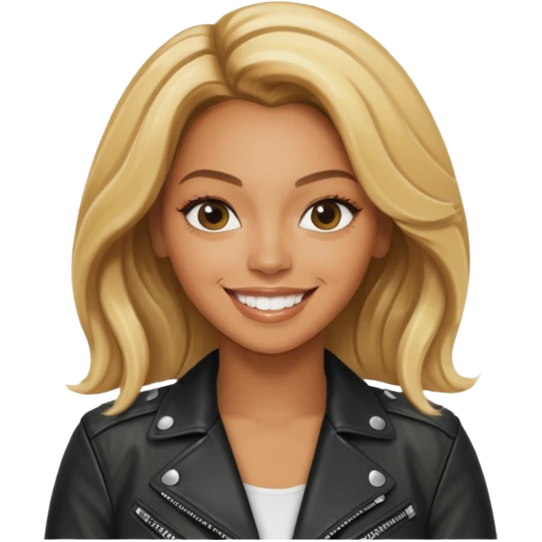 beyonce blonde hair jane wear leather jacket, smile happy emoji