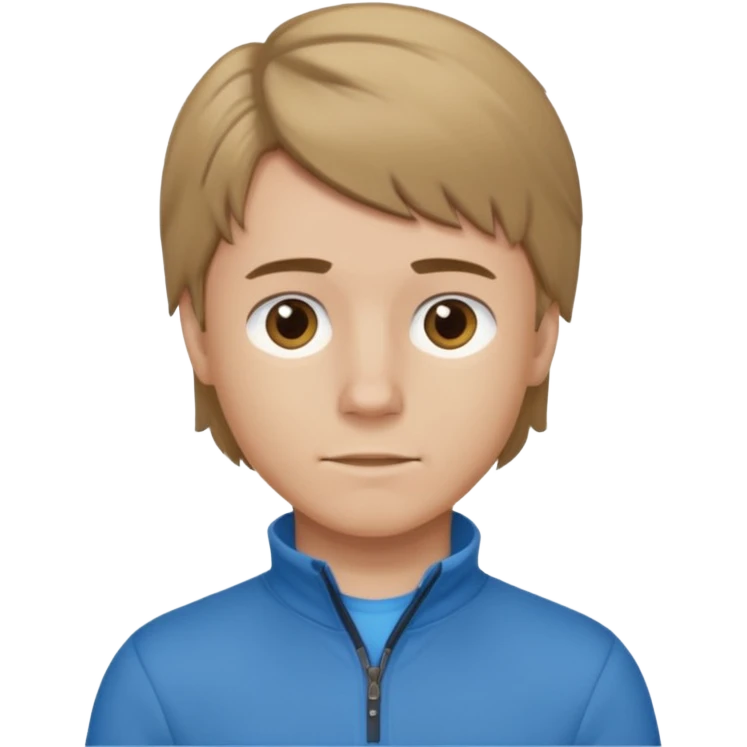boy with dark blonde hair in a mullet with a neat blue undershirt and brown quarter zip emoji