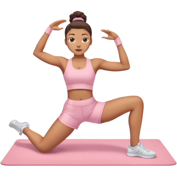 Mixed-race athletic woman with caramel skin, slim thick figure, wearing pastel pink workout shorts and white sneakers, stretching on a yoga mat emoji