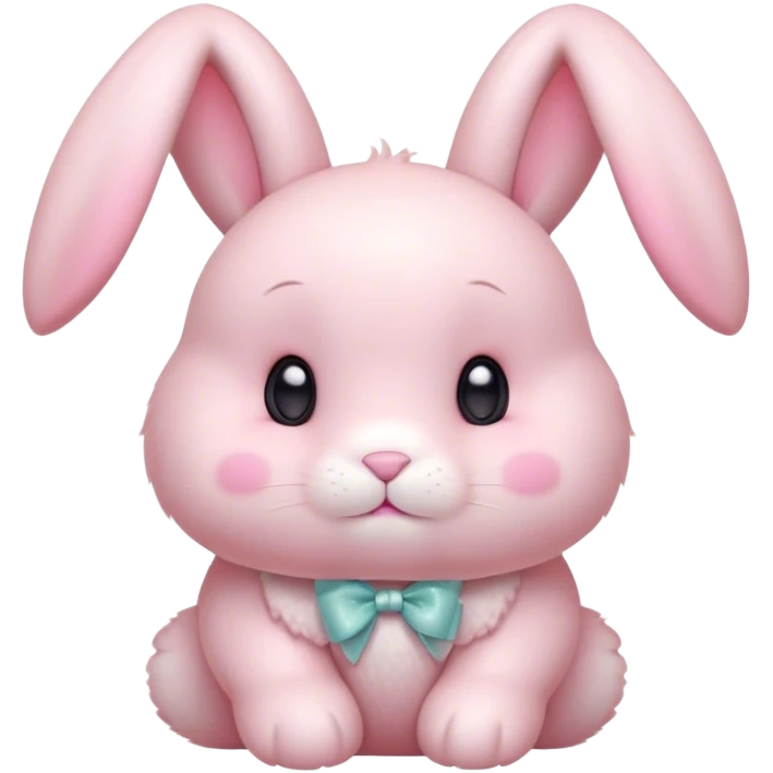 Cinematic adorable pastel pink bunny, chubby cheeks, tiny paws, sparkling round eyes, soft fur with a gentle glow, slightly tilted head, wearing a tiny bow, irresistibly cute and heartwarming. emoji
