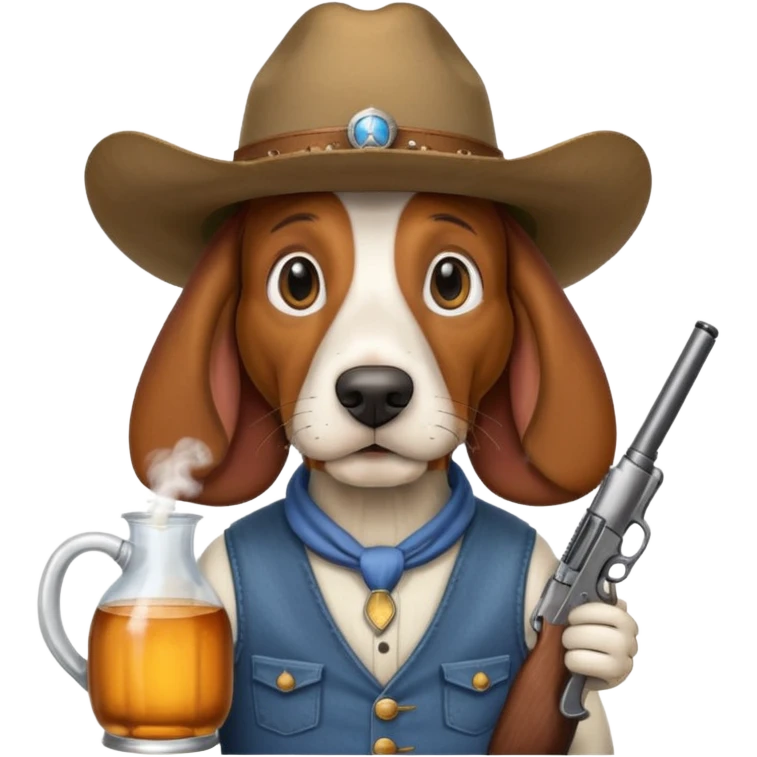 hillbilly basset hound with cowboy hat moonshine and a gun emoji
