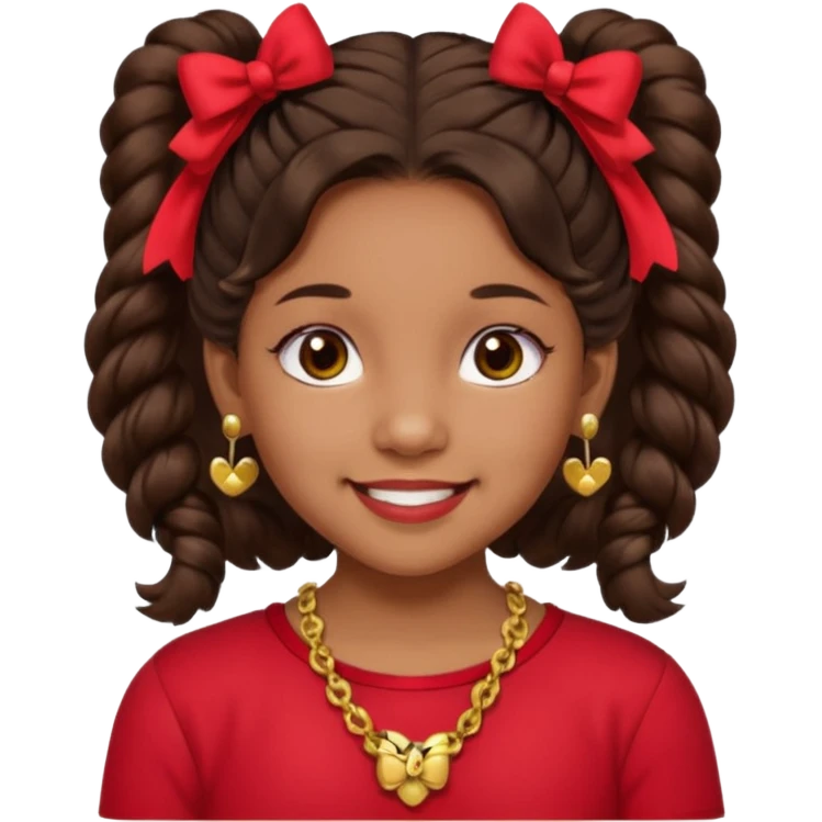 Brownskin girl dark brown hair fluffy. pigtails with red bows brown eyes smiling closed mouth red shirt gold esrrings gold necklace emoji
