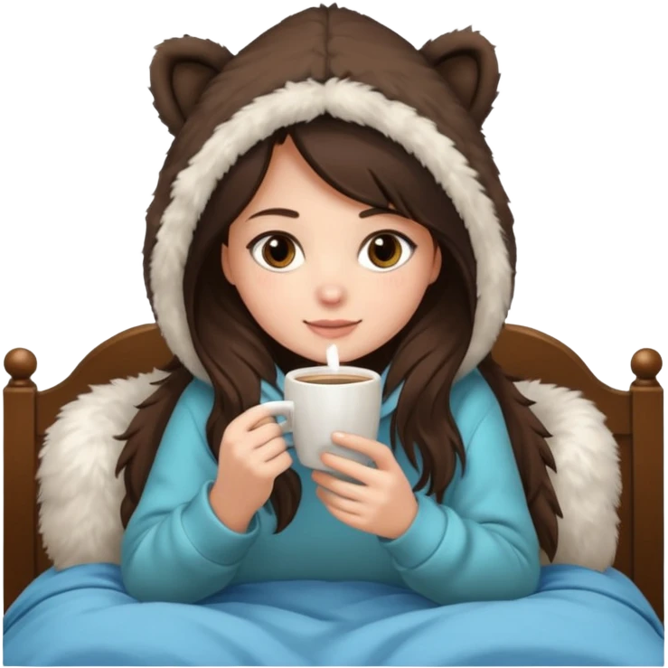 a brunette girl sitting cozily in her bed and a fur hoodie sipping coffee emoji