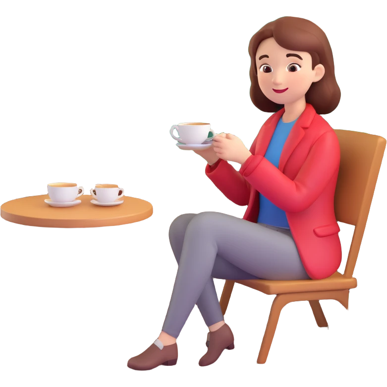 A woman enjoying tea by a window with a forest view emoji