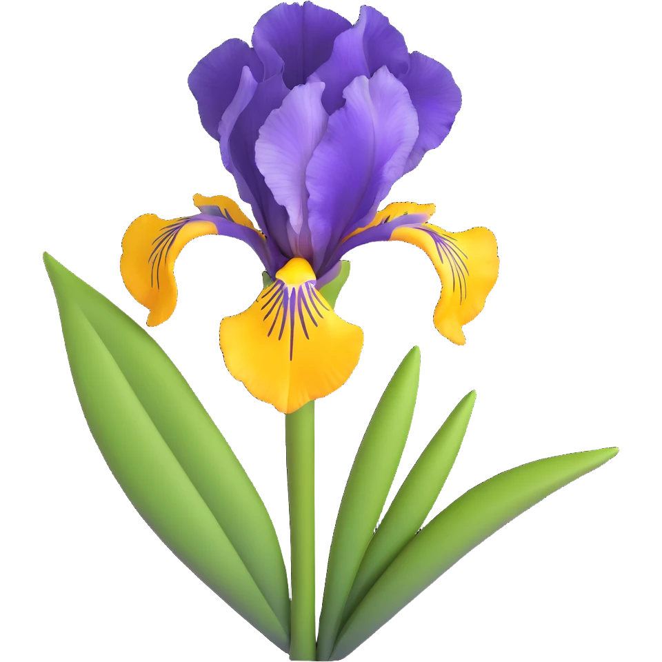 Detailed iris flower with rich purple color, classic iris structure with three hanging falls and three upright standards, green stem and leaves emoji