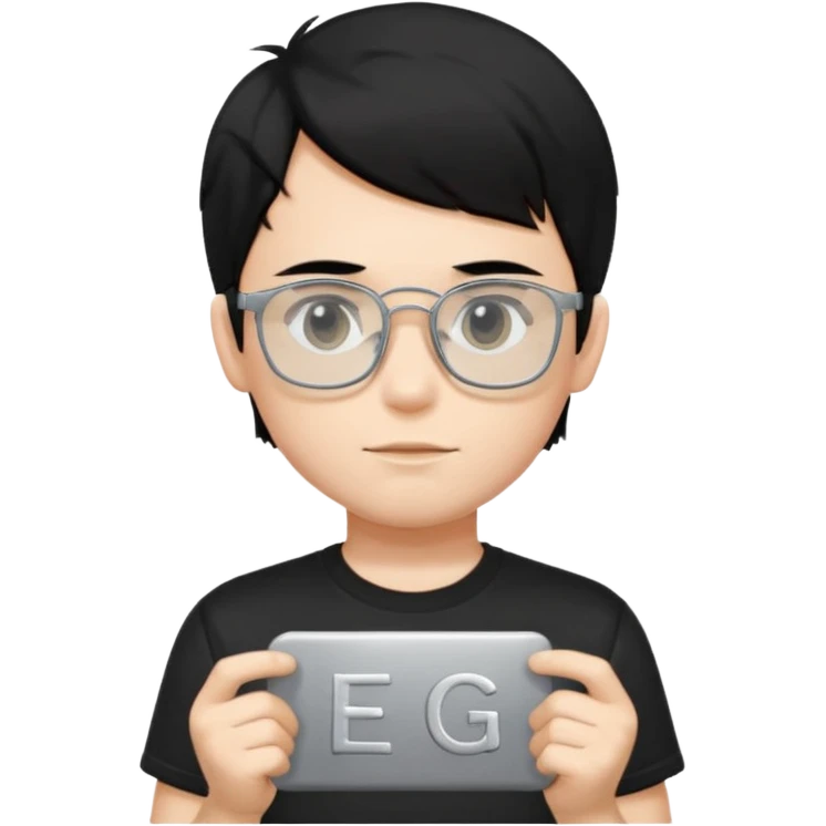 a boy wearing black t-shirts with the letters 'EDG', has fluffy short black hair and silver rectangular glasses emoji