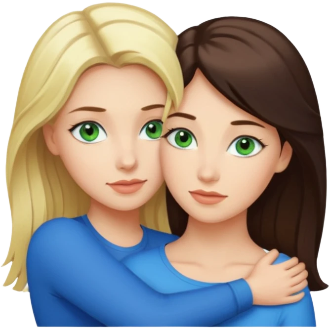 Blondynka z zielonymi oczami przytulająca się do brunetki z niebieskimi oczami emoji
