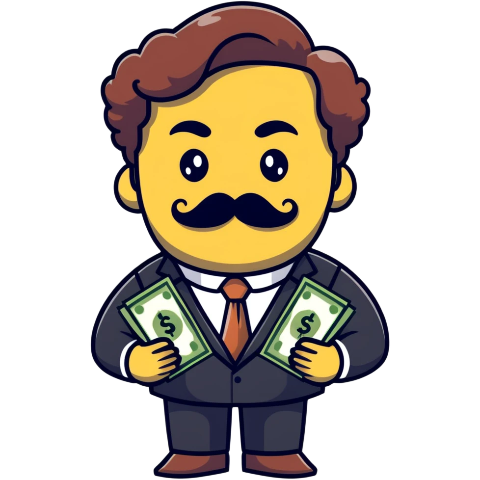 Finance broker with enormous curly mustache, business suit, dollar sign eyes, holding money emoji