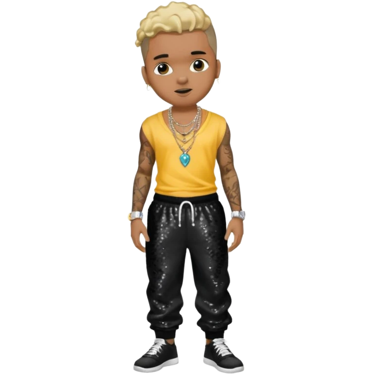 Chris Brown with black sequin baggy pants, shirtless with necklace emoji