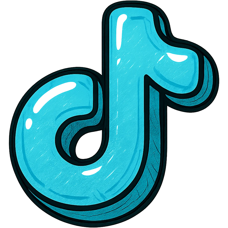 rounded inflated blue TikTok logo with clear black outlines, dimensional shadows, glossy highlights, playful juicy outlined style, no background, just blue symbol emoji