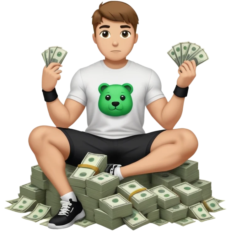 Mrbeast with a Mr beast shirt flexing his money sitting on a pile of cash emoji