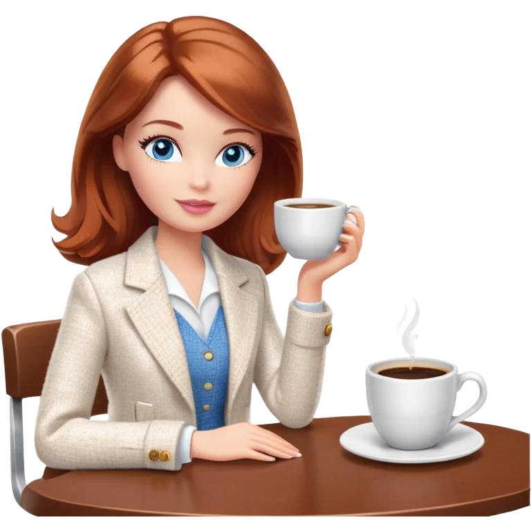 A Barbie girl with blue eyes, shoulder-length reddish-brown hair, made-up, wearing a white tweed jacket and a white skirt, is sitting at a table with a cup of coffee in her hands emoji
