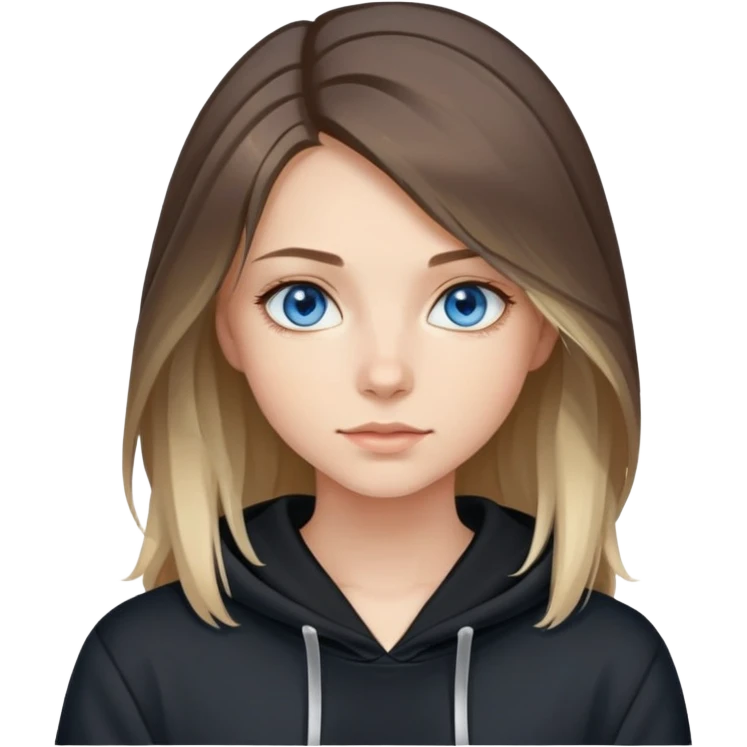 girl with blue eyes, shoulder-length hair with balayage highlights, wearing a black hoodie emoji