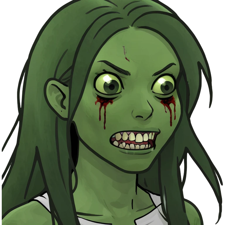 girl zombie with black long hair with teeth and serious face emoji