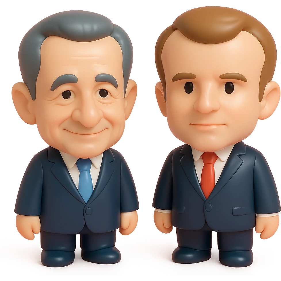 3D chibi digital caricature of Nicolas Sarkozy (left) and Emmanuel Macron (right) standing side by side, oversized heads, small realistic bodies, Sarkozy in navy suit, white shirt, blue tie, slight smile, Macron in dark navy suit, white shirt, red tie, confident neutral expression, semi-realistic textures and lighting, soft shadows, highly recognizable faces, not overly cartoonish emoji