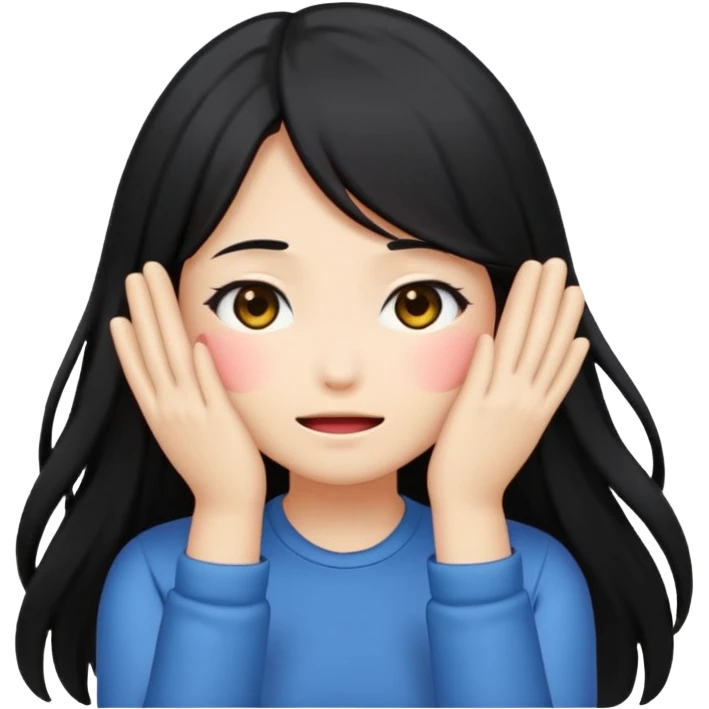 anime style emoji of a girl with long hair, back turned, blushing, covering face emoji