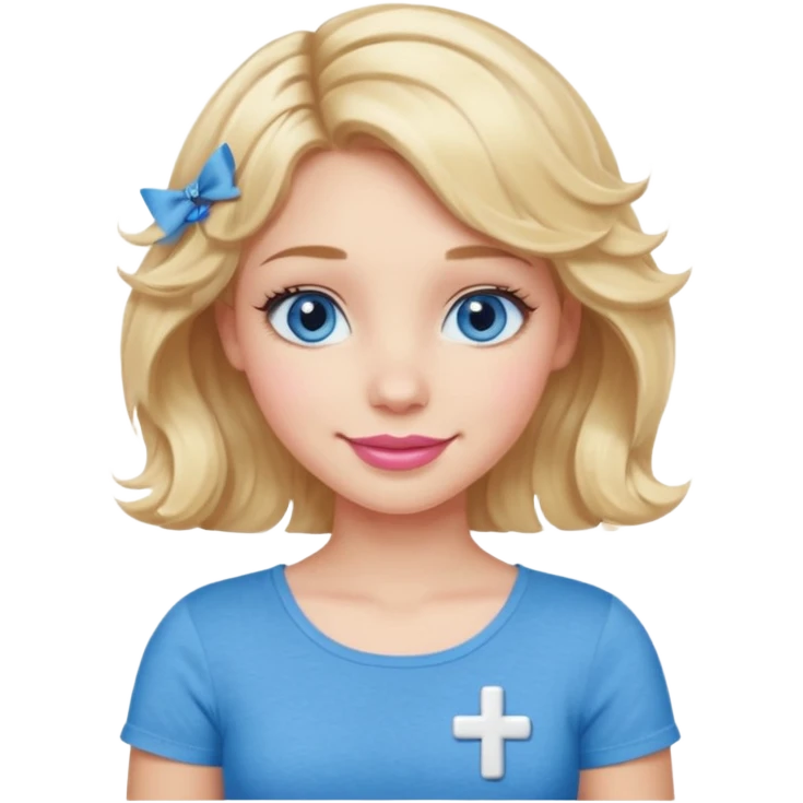 Girl Blonde short wavy hair,  blue eyes, cute blue top, long lashes, pink lips, smiling, cross arms  emoji
