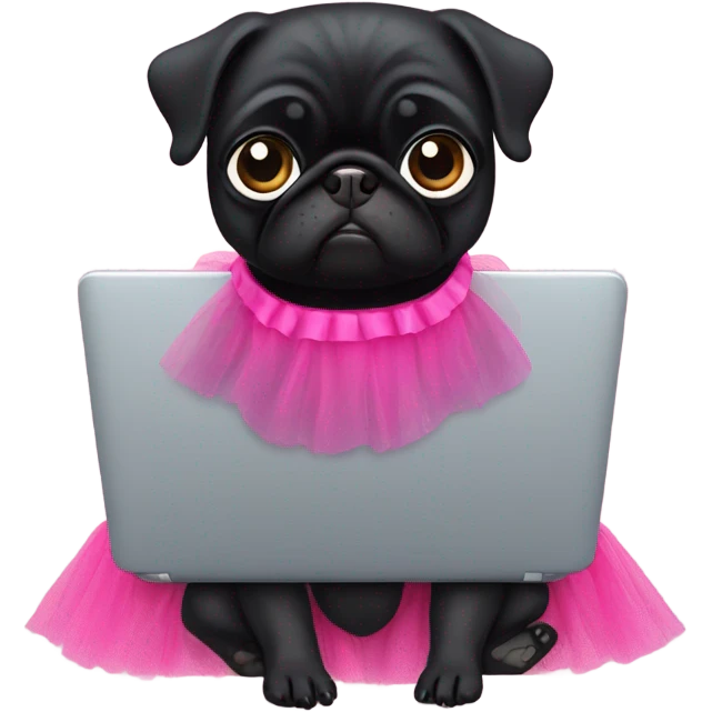 Black pug using a laptop while wearing a tutu dress emoji