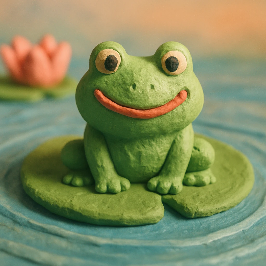 close-up of a smiling frog on a lily pad, gentle ripples in the pond, pastel background, claymation style emoji