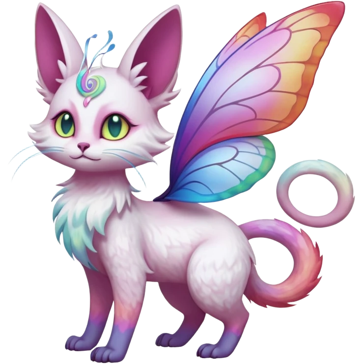 Pure-snow-White albino iridescent with pastel rainbow-gradients-color-markings with swirly patterns butterflies  faerie-Noivern-Noibat-Purloin-Torracat-Lykoi-Caracal-cat-Fakemon-fusion-hybrid-creature emoji