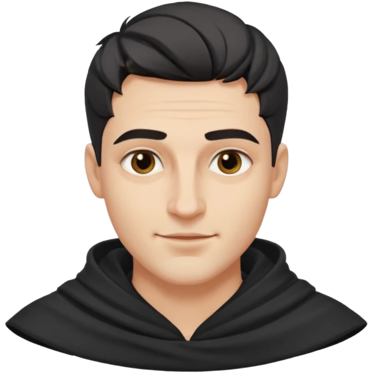 A handsome man with fair complexion. masculine, roman, slightly crooked nose. Thick triangular eyebrows. Hooded eyes and black pupils.  smily lips with a heavy top lid.  Jinu haircut emoji